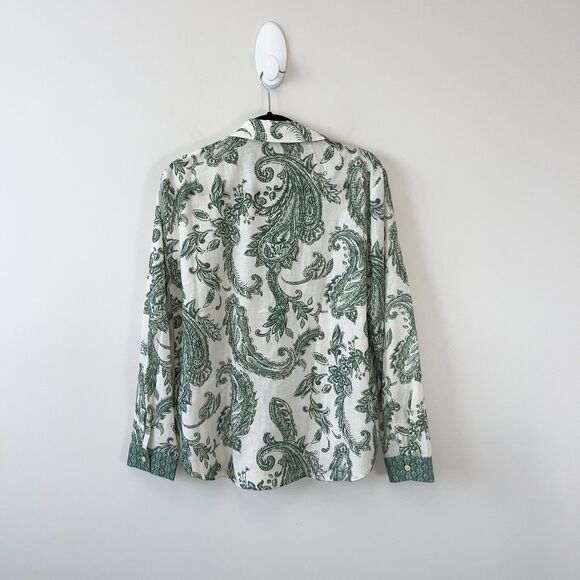 Commense Paisley Print Button Down Shirt Green Cream Boho Chic Size Large NWT's - Picture 6 of 15